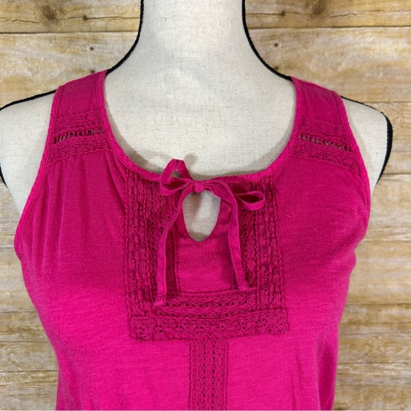 Sonoma Hot Pink Tie Neck Sleeveless Tank Top Size Small Crochet Lace Trim - Picture 2 of 7